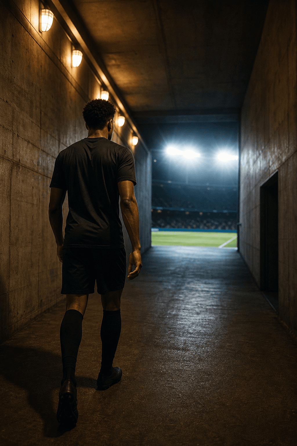 A professional athlete walking out of a stadium tunnel toward the floodlights.