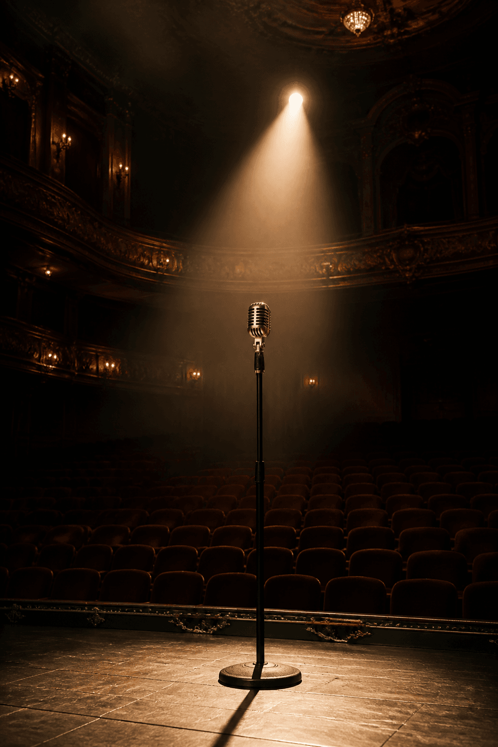 An empty concert hall from the stage: one spotlight on a microphone, dark velvet seats beyond.