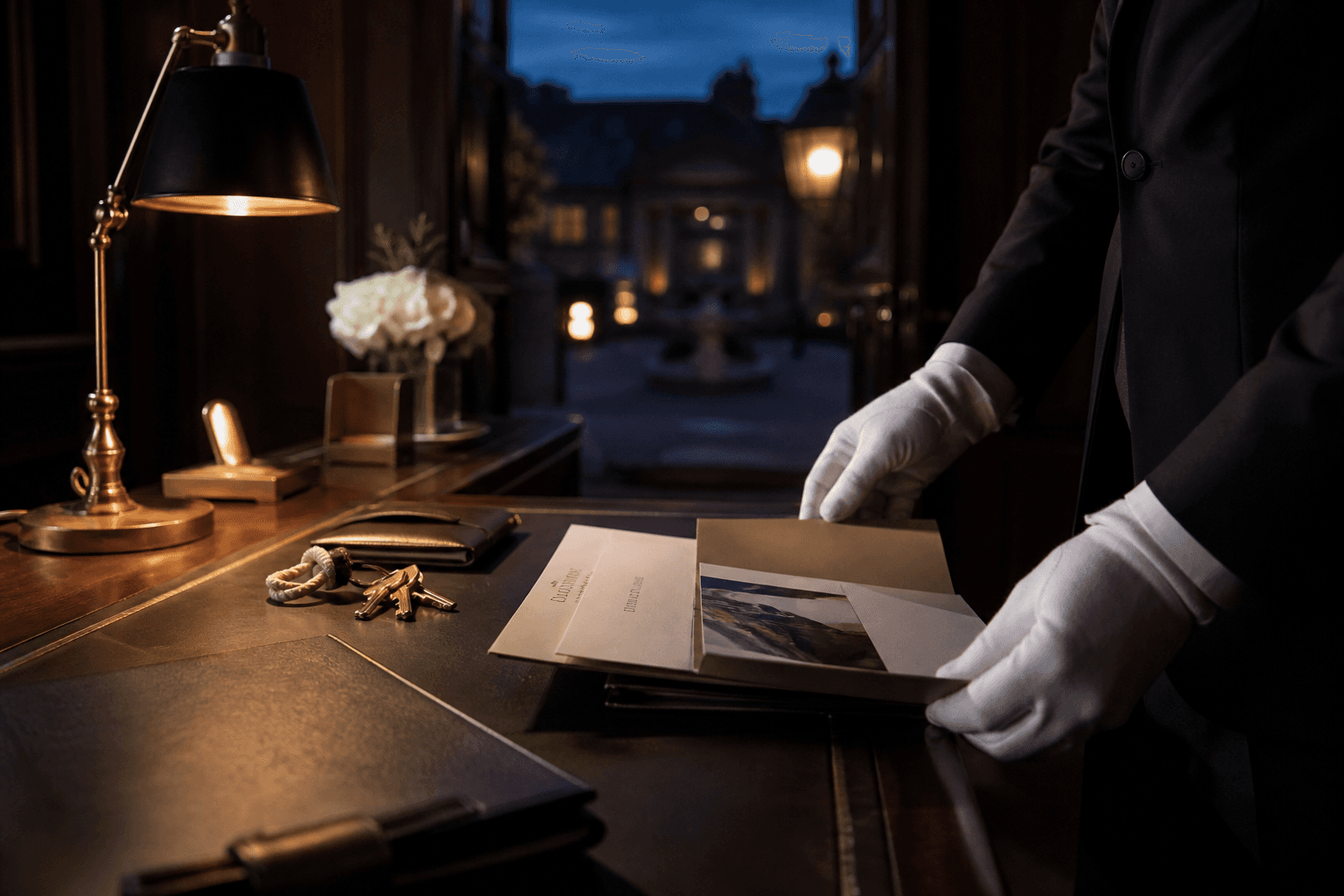 A gloved hand arranging travel documents at a private desk — concierge as the operating layer of lifestyle.