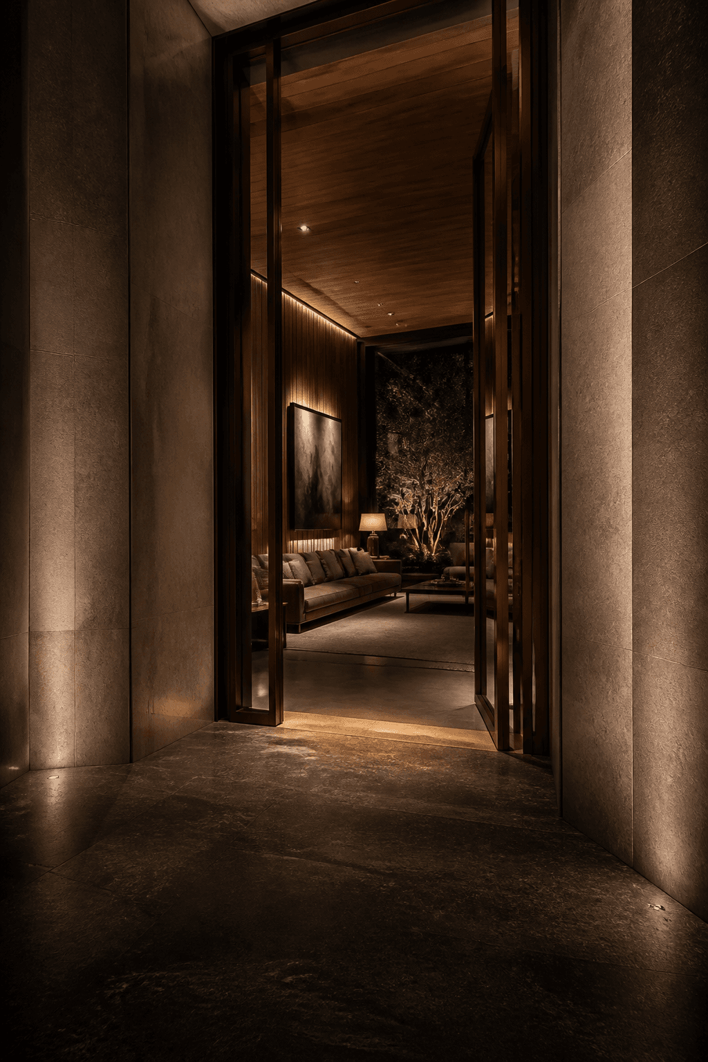 A dark limestone vestibule looking through a tall doorway into a warm private interior at night — the threshold of the institution.