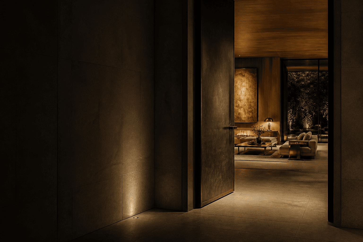 A dark limestone vestibule looking through a tall doorway into a warm private interior at night — the threshold of the institution.