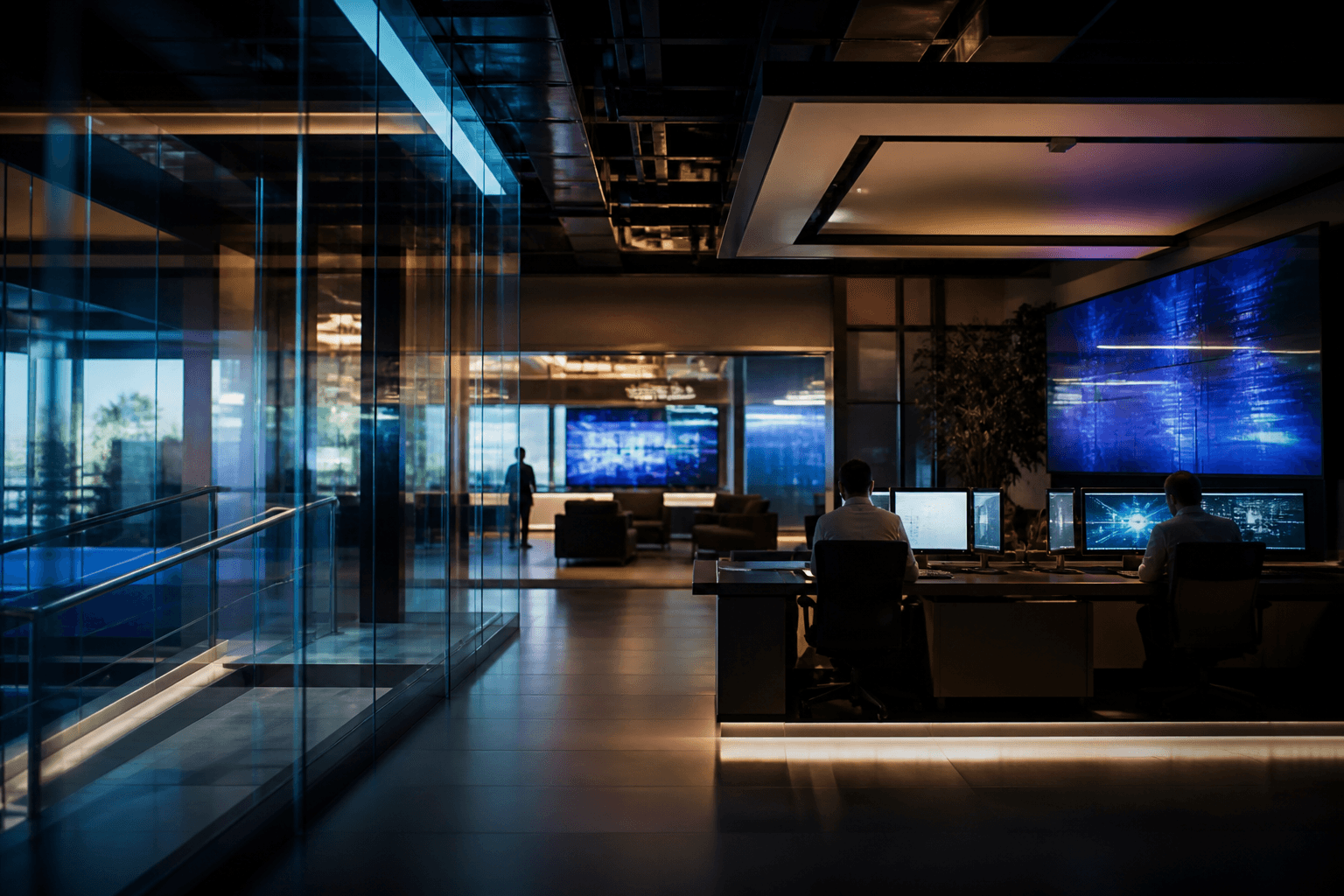 A quiet operations room of glass and screens — intelligence built into the infrastructure.