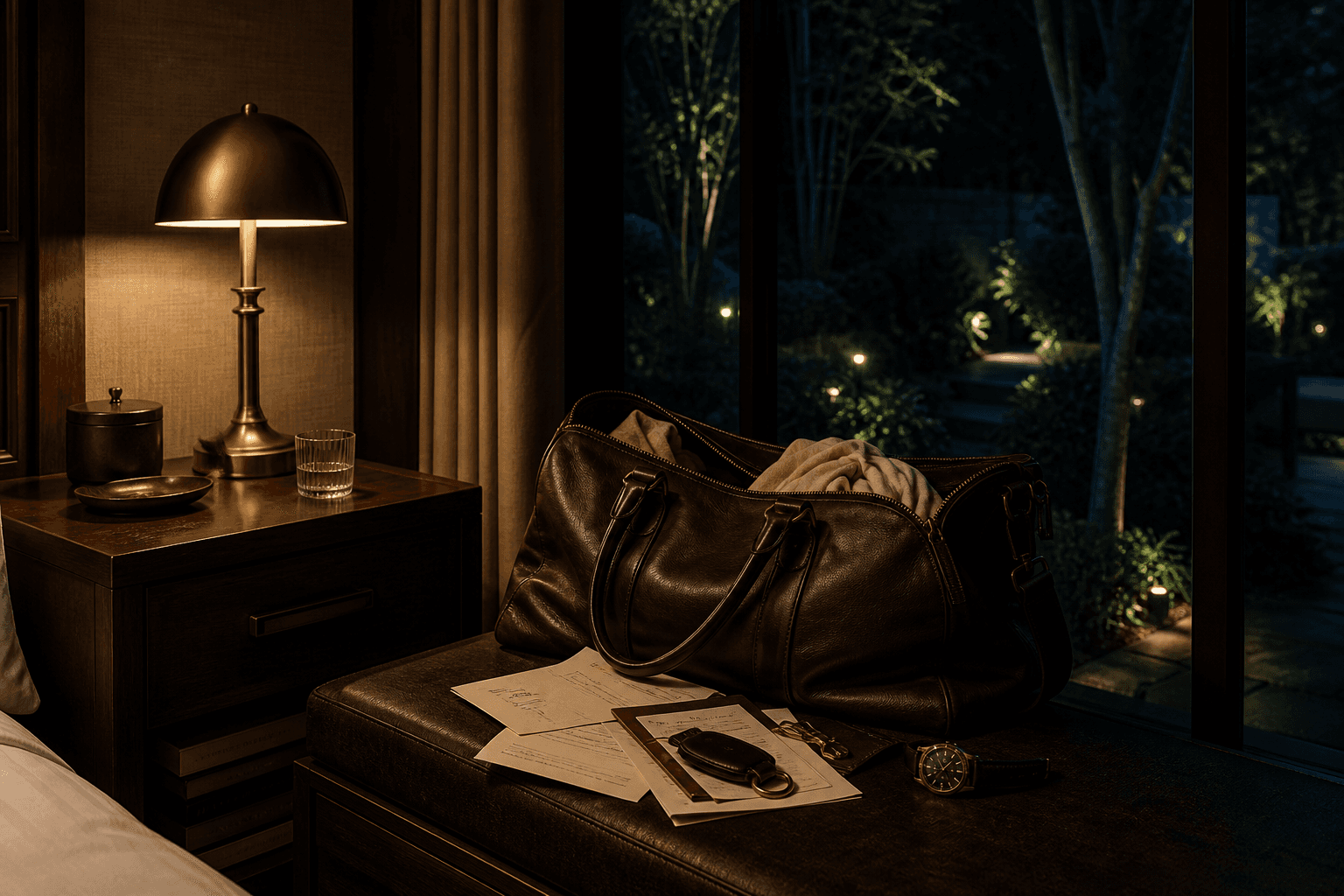 A leather weekender, itinerary papers, and a lamp on a private nightstand at blue hour — the week being held.