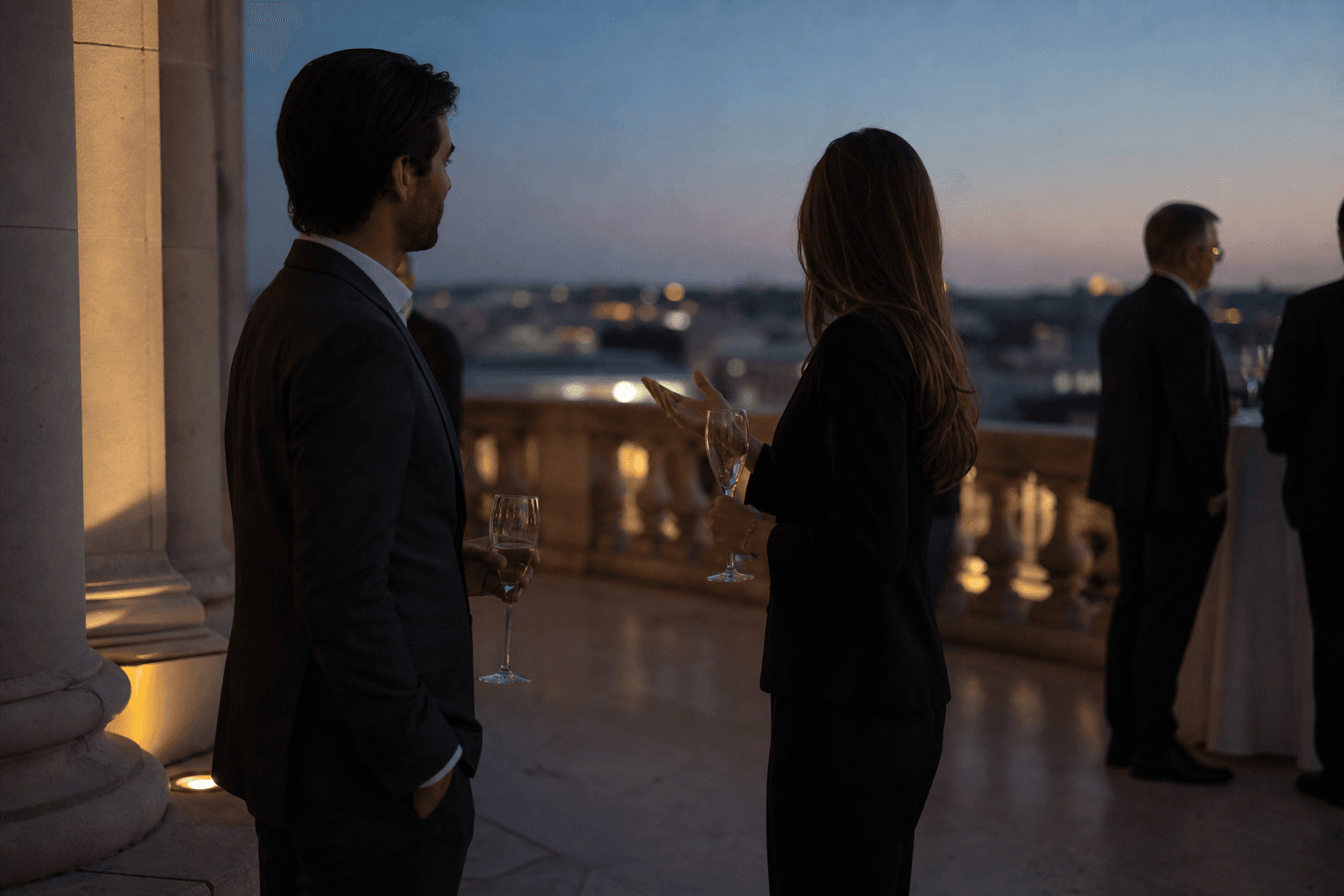 Two people in a private conversation at dusk — relationships as infrastructure, not a party.