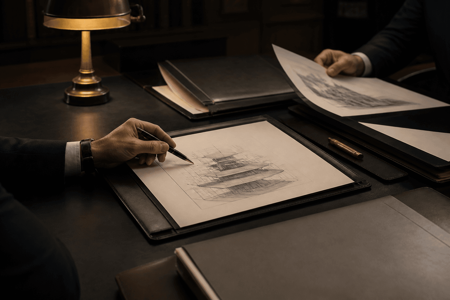 A private conference table with leather entity folios, a fountain pen, and company-structure drawings under a brass lamp.