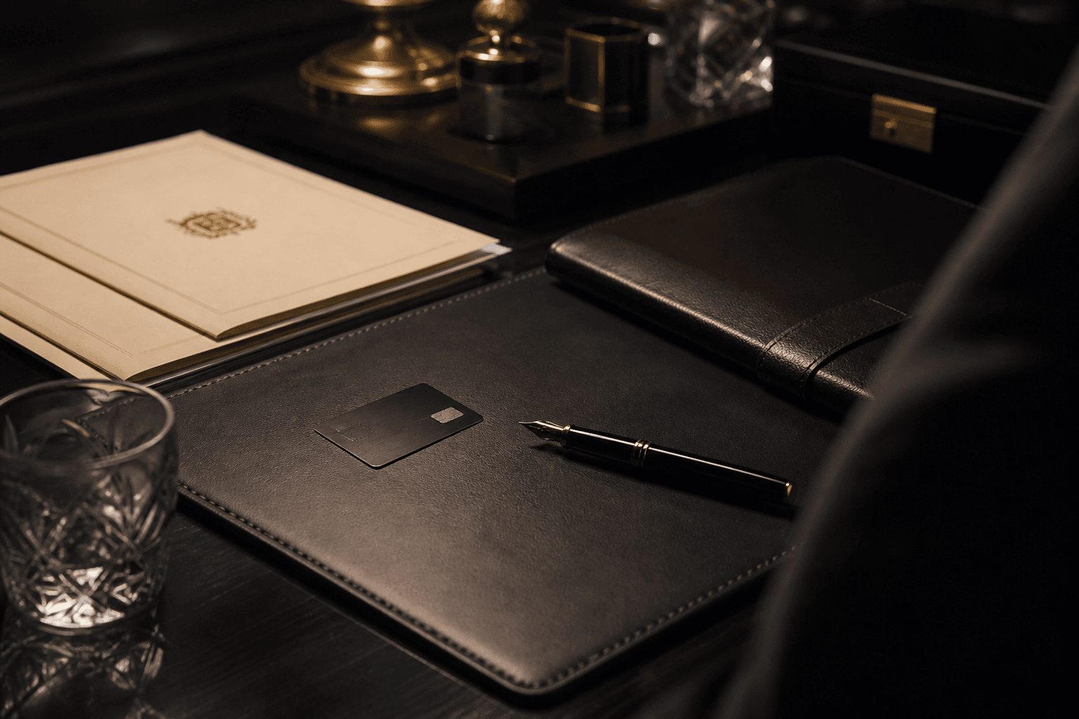 A private banking desk with leather folios, a discreet card, and a fountain pen.