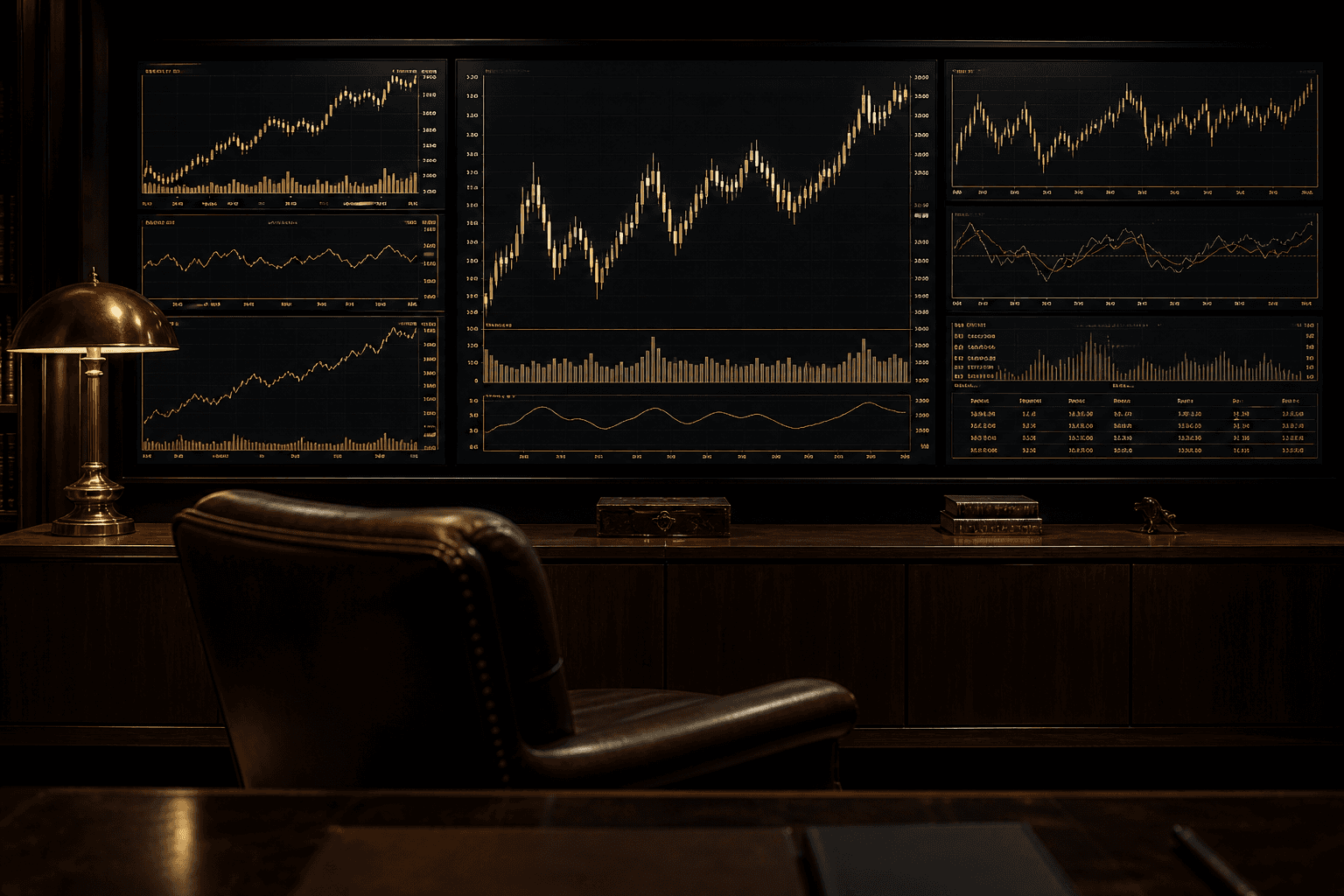 A quiet financial intelligence room: muted gold charts on dark screens, a leather chair, a brass lamp.