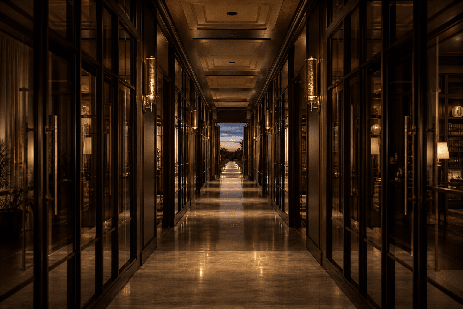A long architectural corridor of glass and stone, a path of light toward an open door.