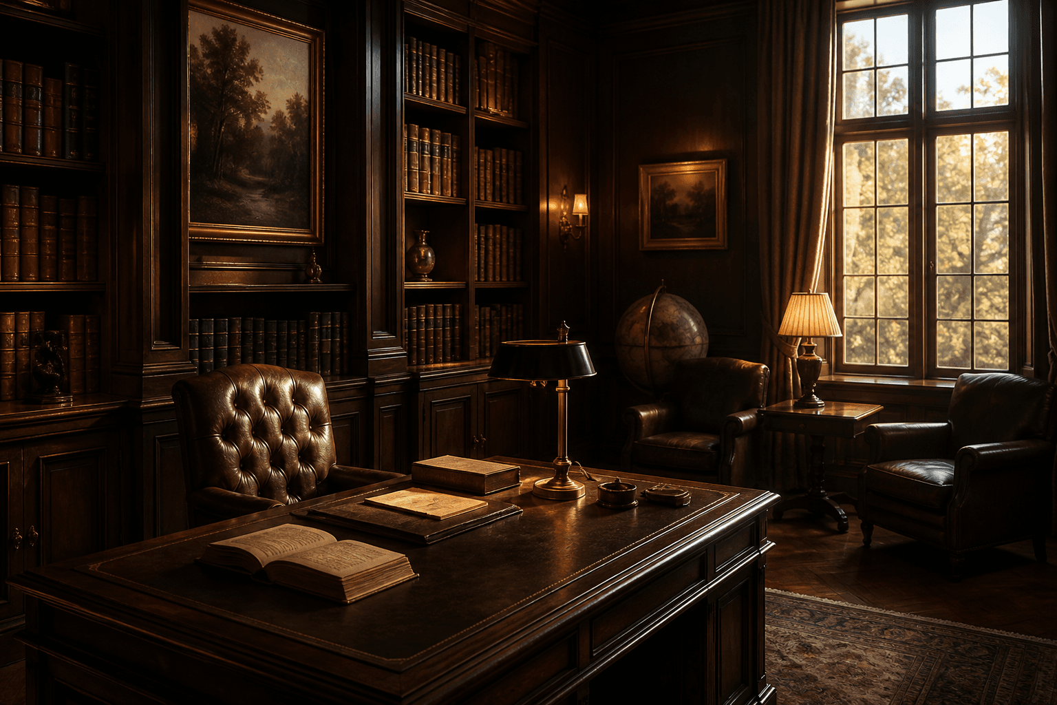 A private library study of dark wood, leather, and late light — a room built to outlast a career.